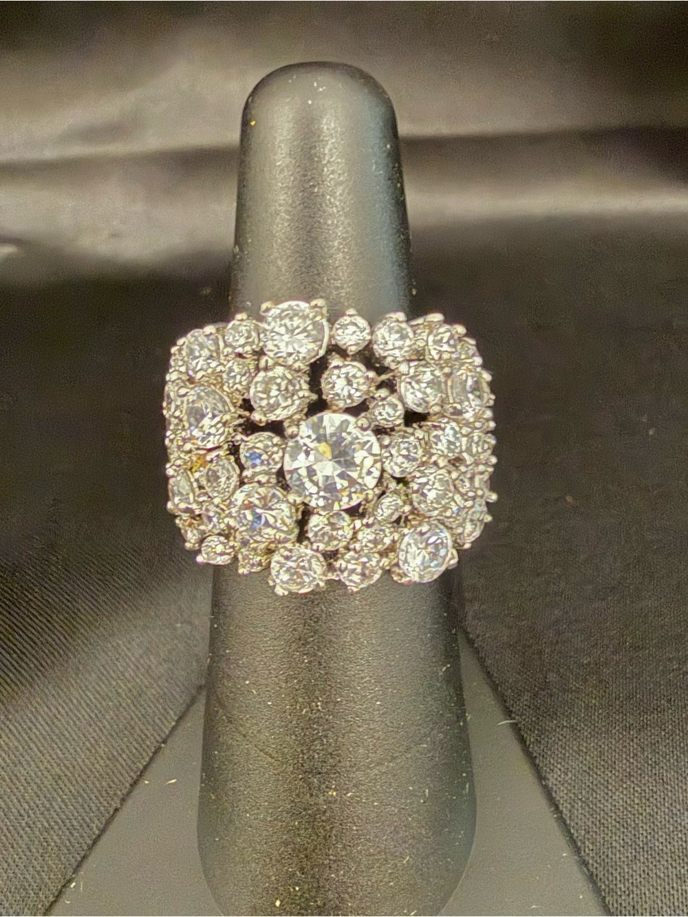 Clear Rhinestone Cluster Cocktail Ring Silver Tone Statement Glam Sparkle Sz 6